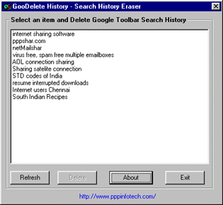 GooDelete History displays Google Toobar Search History