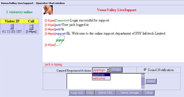 Operator Chat Window 
              
 
 
 
 includes visitor traffic monitor, ability to send images/photos, visitor is typing notification, sound alerts and more...